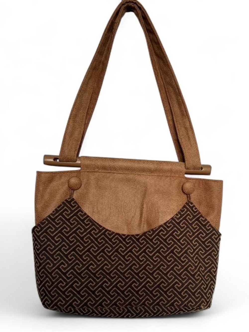 Vintage Boho Geometric Tote Bag with Greek Key Pattern and Wooden Handles
